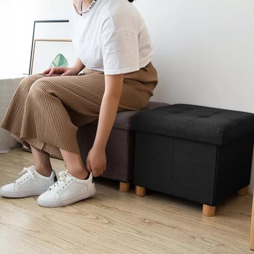 BRIAN & DANY Folding Storage Ottoman | Linen Footstool with Wood Legs