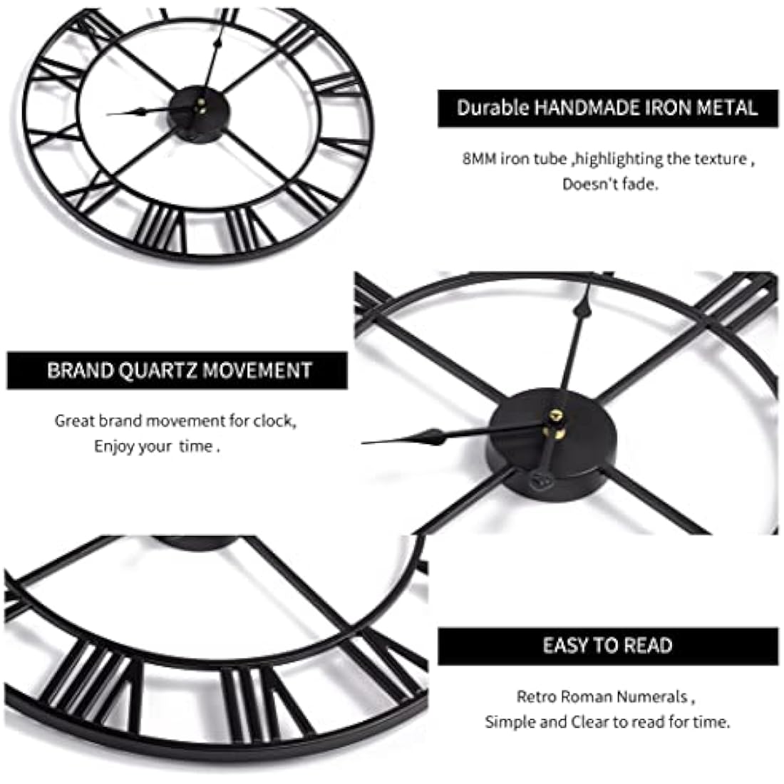 HAITANG 16" Large Metal Wall Clock | Silent Roman Numeral Vintage Decor