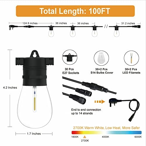 ZOTOYI 100FT Outdoor String Lights | Waterproof LED Festoon Lights - 30m