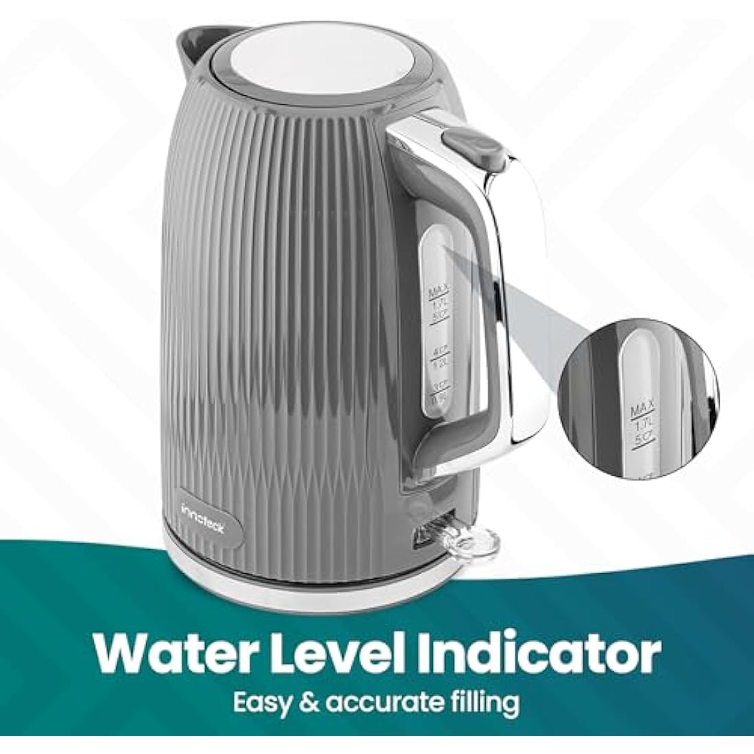Innoteck 1.7L Electric Kettle – 3000W Fast Boil Stainless Steel, Grey