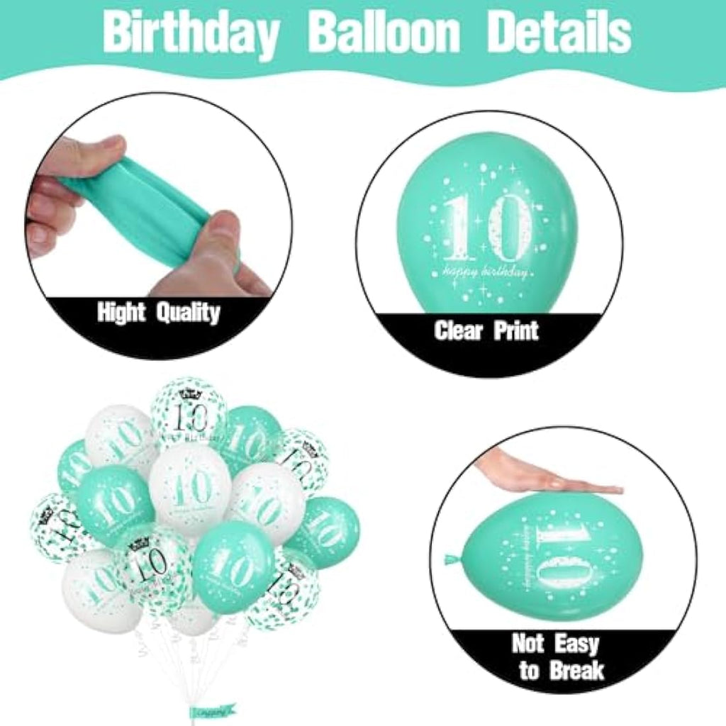 10th Birthday Balloons – 15pc Teal & White Party Decorations