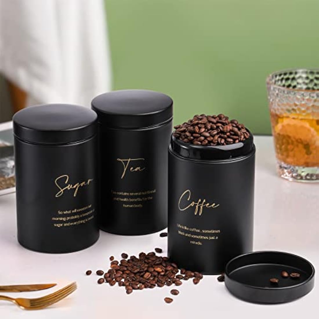 Hacaroa 4-Piece Metal Bread Box and Canister Set – Black & Gold Kitchen Storage