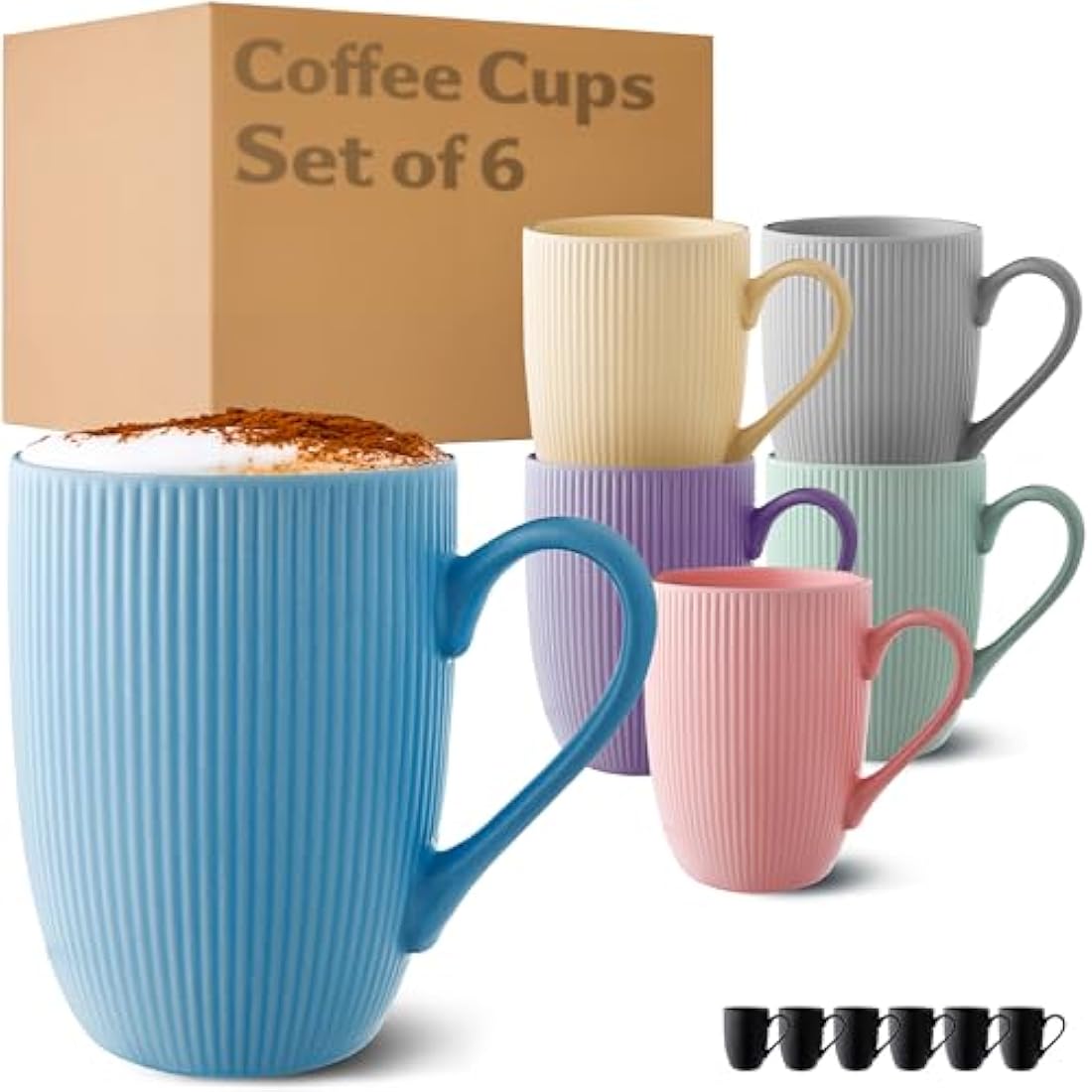 Cosumy Ceramic Coffee Mugs - 350ml Striped Pastel Cups - Set of 6