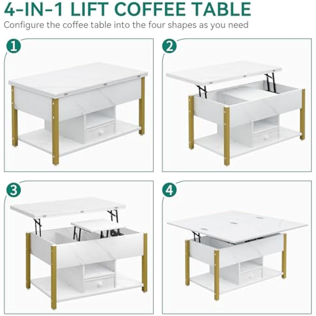 Lift Top Coffee Table - 4-in-1 Convertible Storage Desk, White