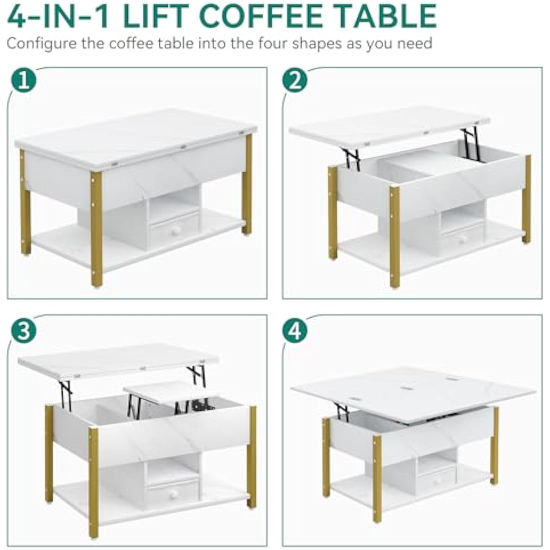 Lift Top Coffee Table - 4-in-1 Convertible Storage Desk, White