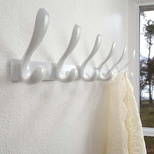 HONSKY Metal Wall Mounted Coat Rack – Heavy Duty 6 Double Hooks, White, 2 Pack