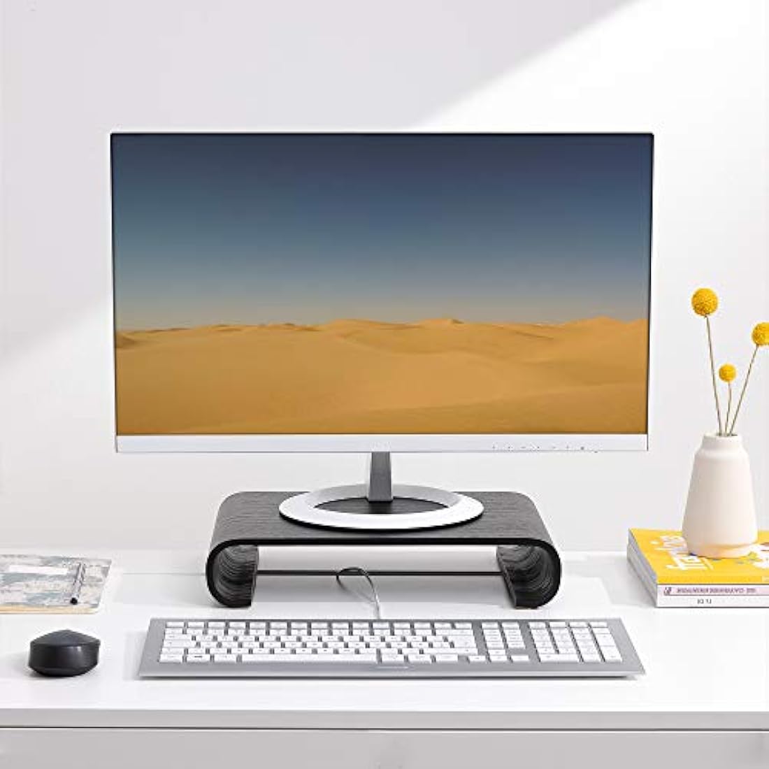 Navaris Oak Wood Monitor Riser – Ergonomic Desktop Stand in Black