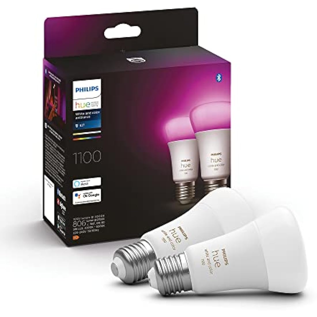 Philips Hue White & Colour Ambiance E27 Smart LED Bulbs - 2 Pack