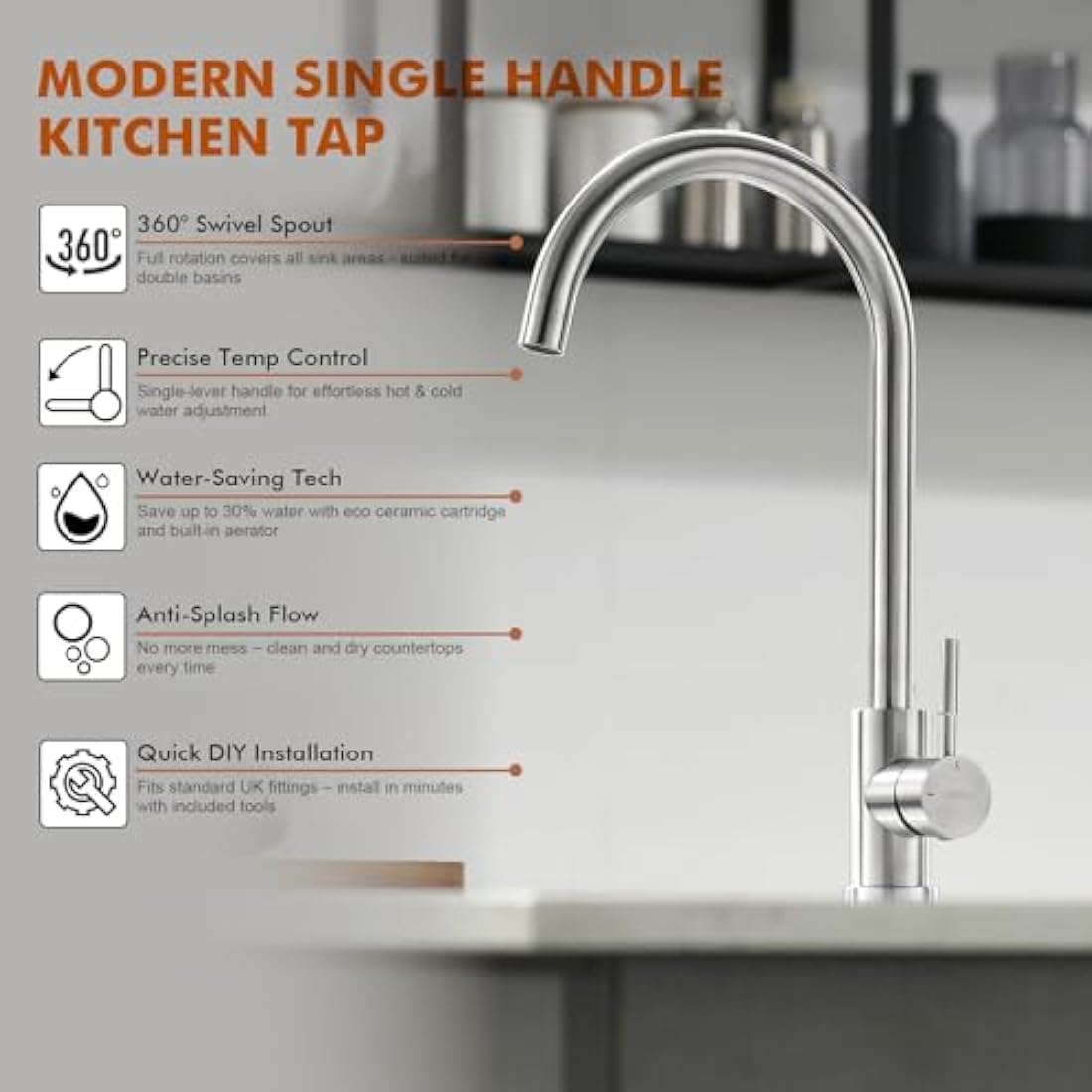 GRIFEMA G4008 Kitchen Mixer Tap | High Arc 360° Swivel Stainless Steel