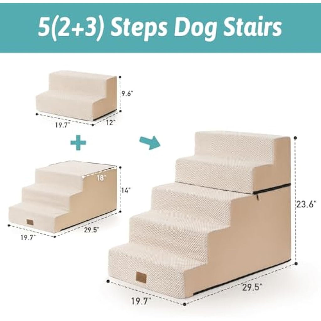 COZY KISS 5-Tier Wide Dog Stairs | Foldable Non-Slip Pet Steps for Bed