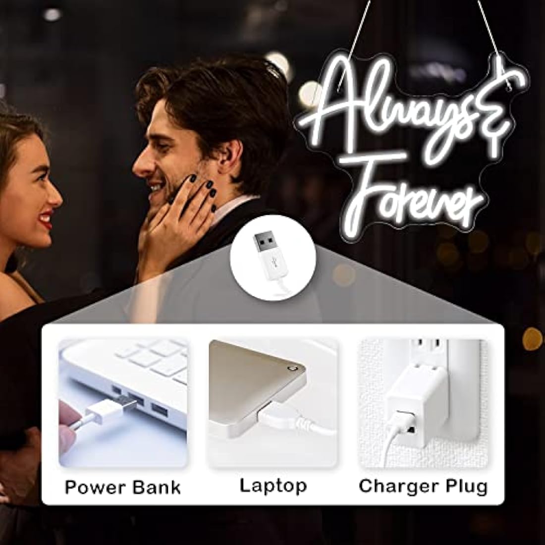 Looklight Always Forever Neon Sign | White Acrylic LED Wall Art for Weddings