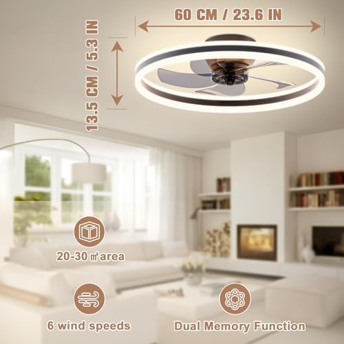 VOLISUN 60cm Smart Ceiling Fan with Lights - 6-Speed Dimmable LED, Black
