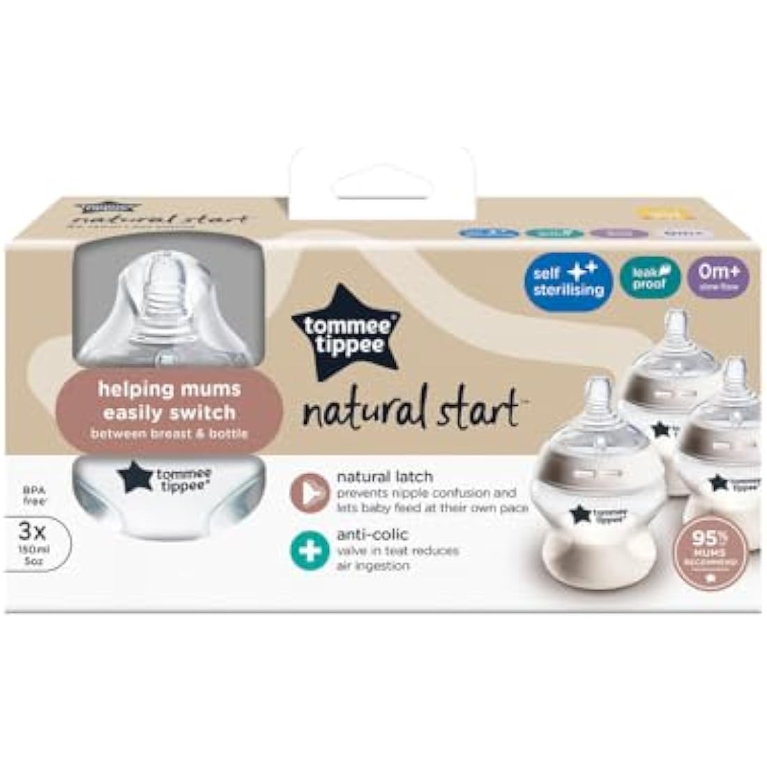 Tommee Tippee Natural Start Baby Bottles | 150ml Slow Flow, 3 Pack