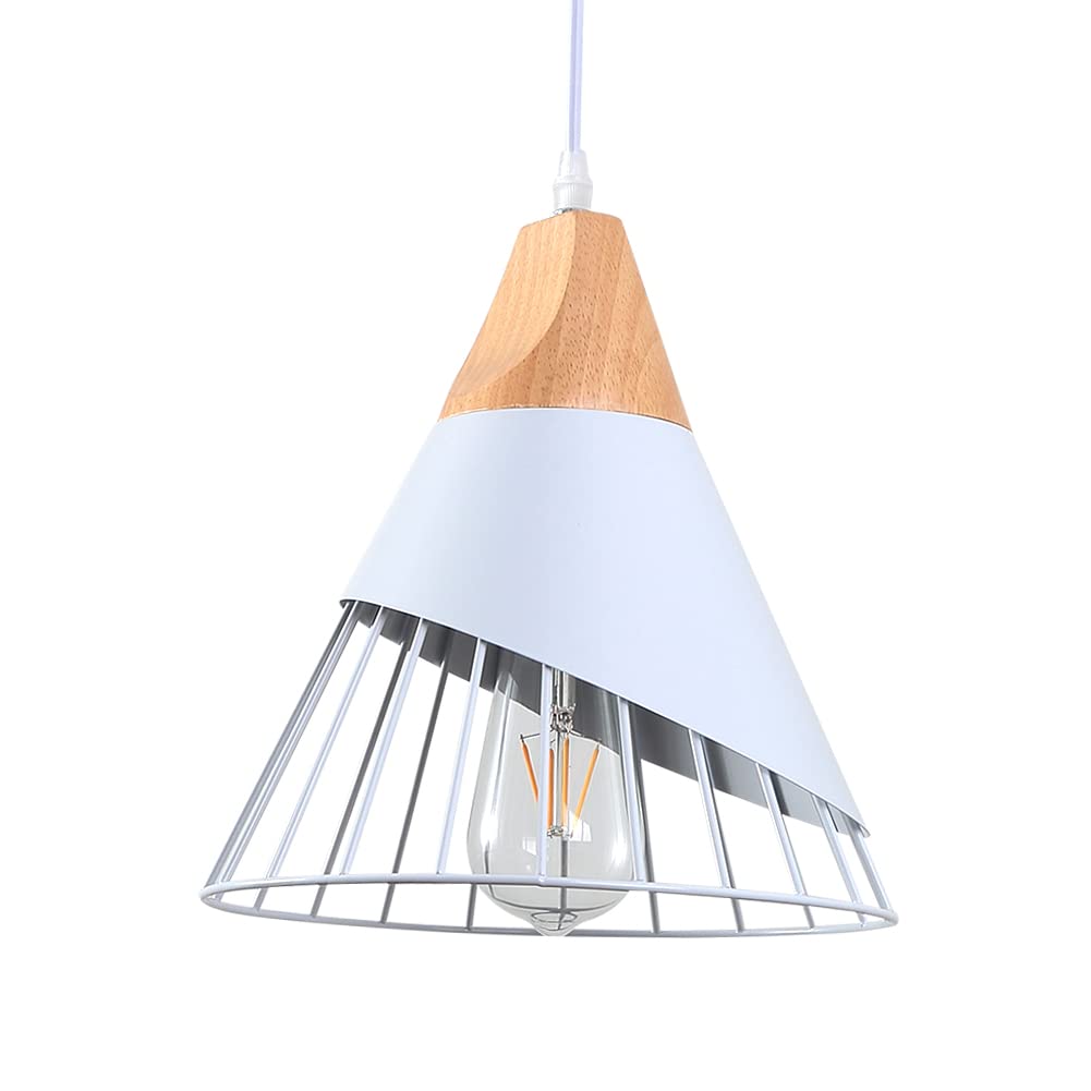 White Modern Pendant Light – Industrial Wood Hanging Fixture