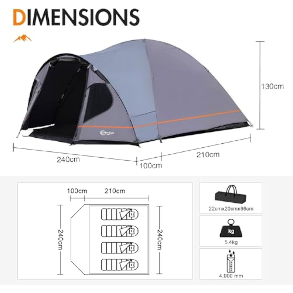 Portal 4-Person Blackout Tent | 4000mm Waterproof Dome with Porch