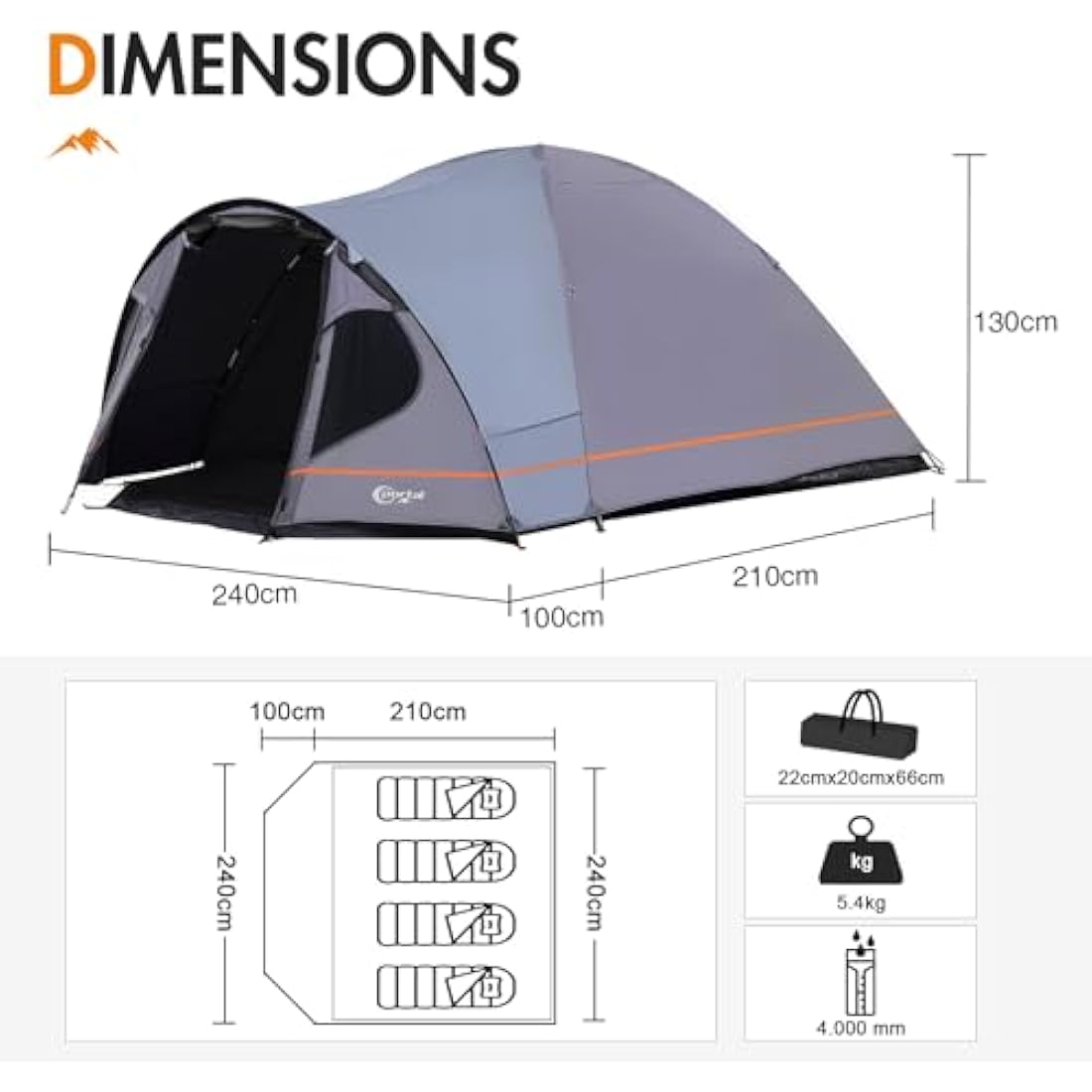 Portal 4-Person Blackout Tent | 4000mm Waterproof Dome with Porch