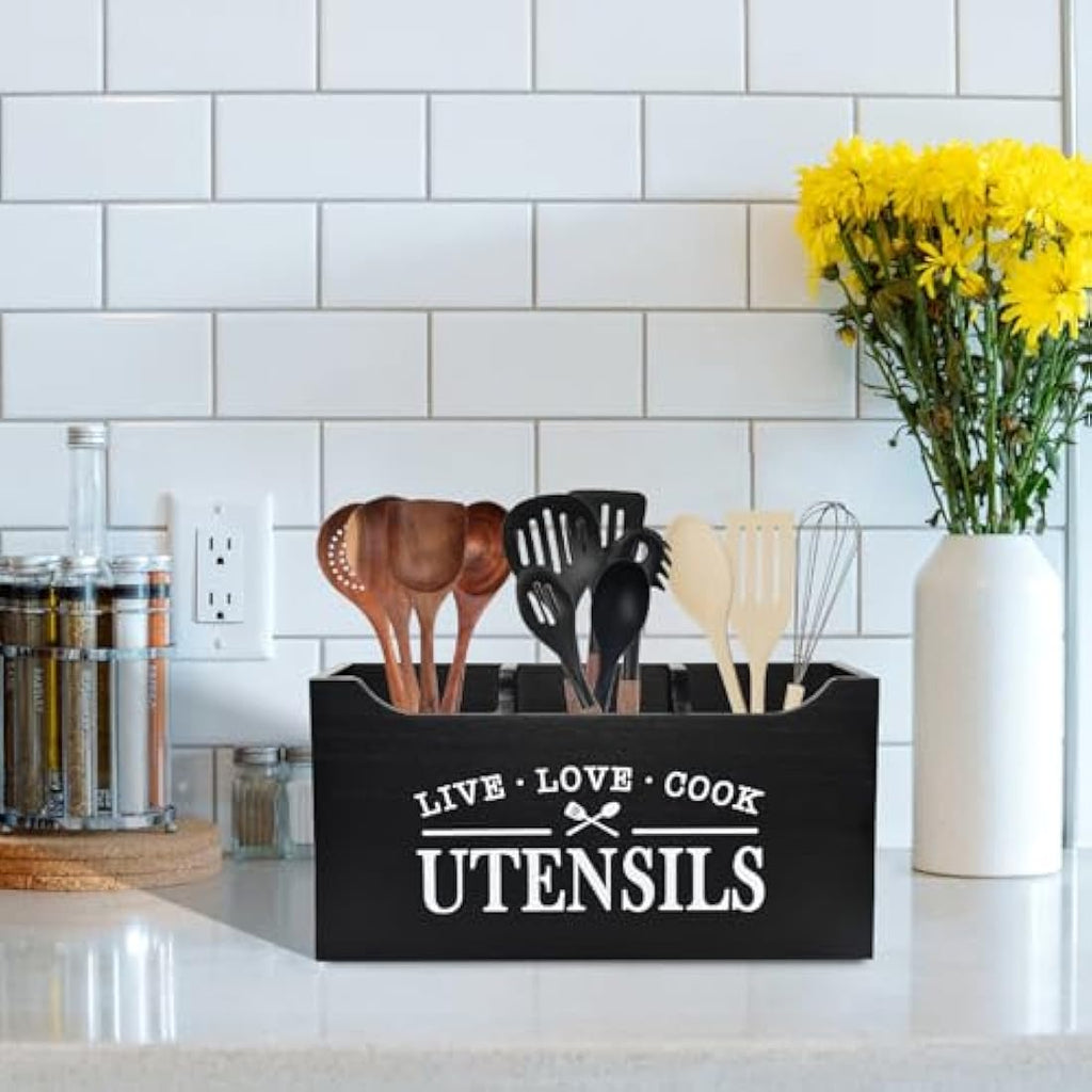 Karisky Wood Utensil Holder | 3-Compartment Farmhouse Kitchen Organizer