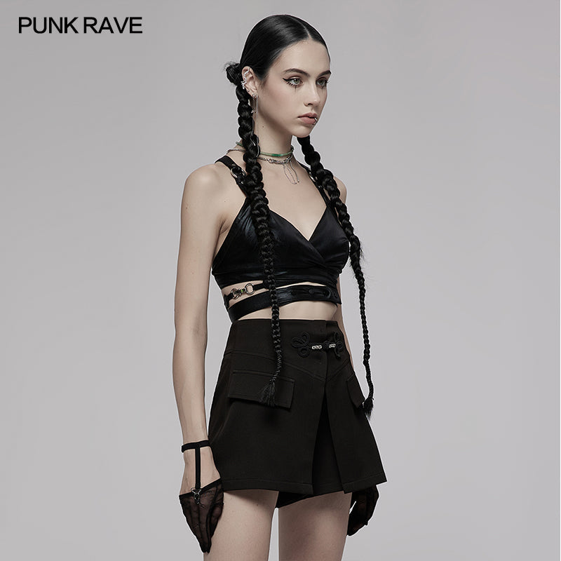 PUNK RAVE Nyx Black Faux Leather Cross Strap Crop Top – Gothic Style