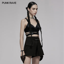 PUNK RAVE Nyx Black Faux Leather Cross Strap Crop Top – Gothic Style