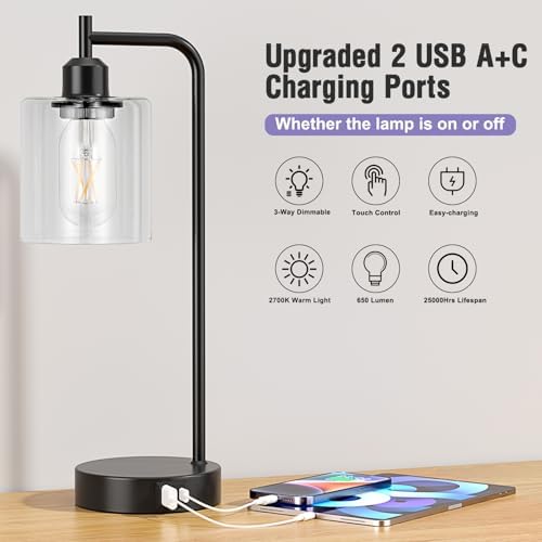 Aooshine Industrial Bedside Lamps Set of 2 – Touch Dimmable with USB-C