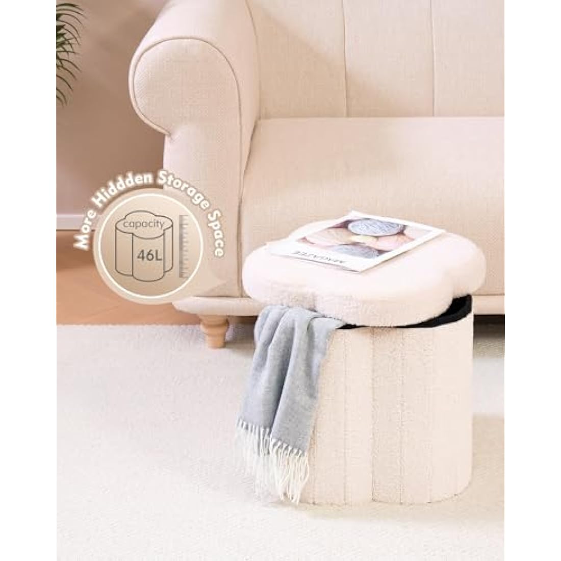 Bonlife White Boucle Storage Ottoman – Folding Teddy Flower Toy Chest