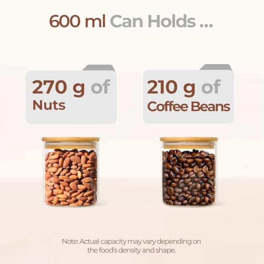 600ml Airtight Glass Food Storage Jars with Bamboo Lids – Set of 6