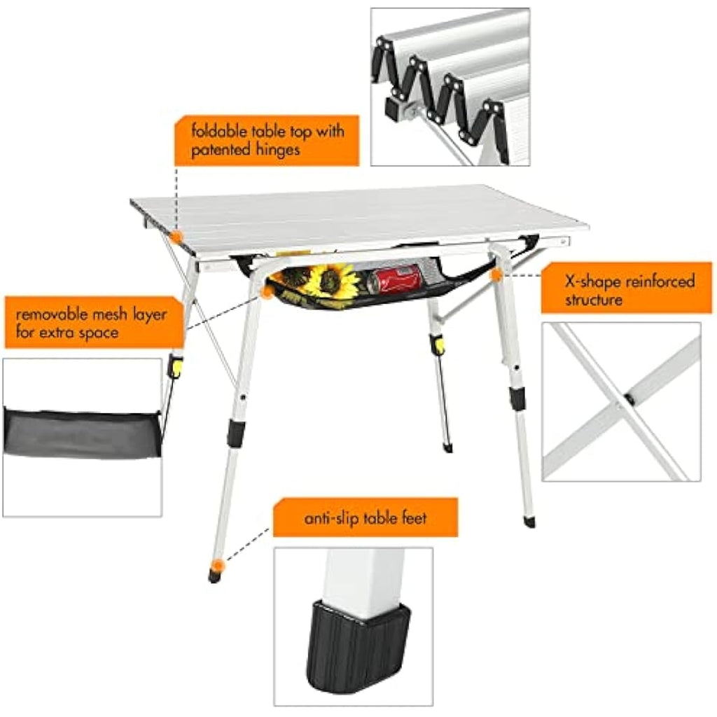 Portal Aluminum Folding Camping Table | Adjustable Height Rollup Picnic Table