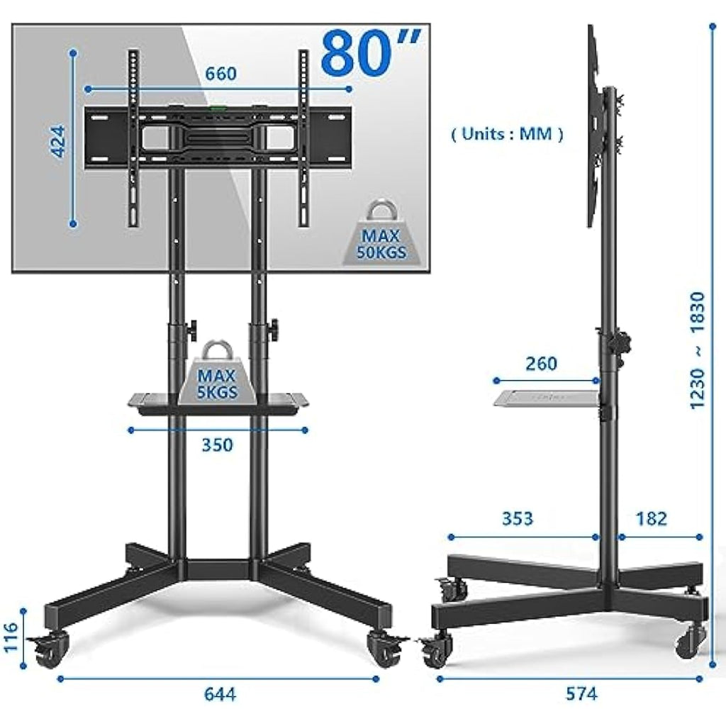 RFIVER Mobile TV Stand for 32-80 Inch Screens | Rolling Cart with Shelf