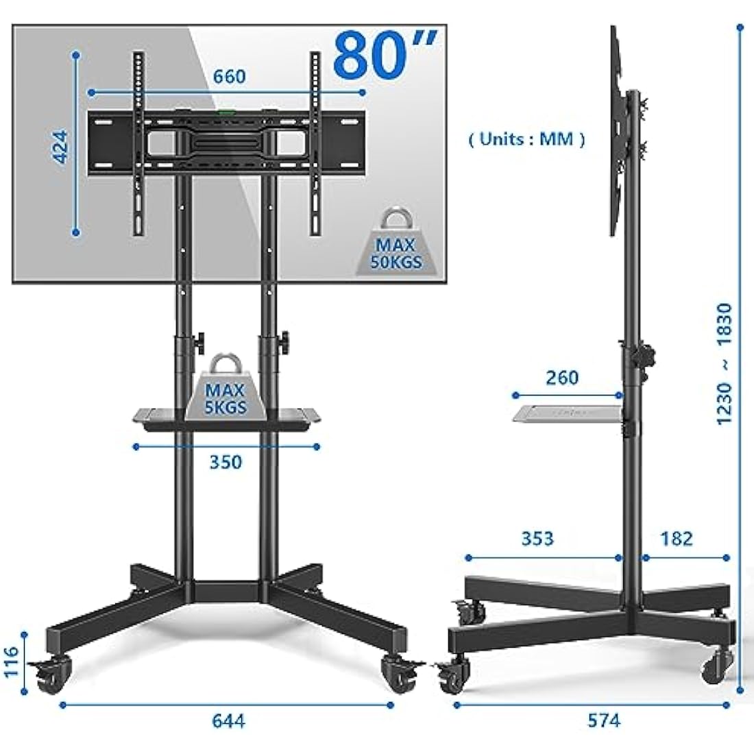 RFIVER Mobile TV Stand for 32-80 Inch Screens | Rolling Cart with Shelf