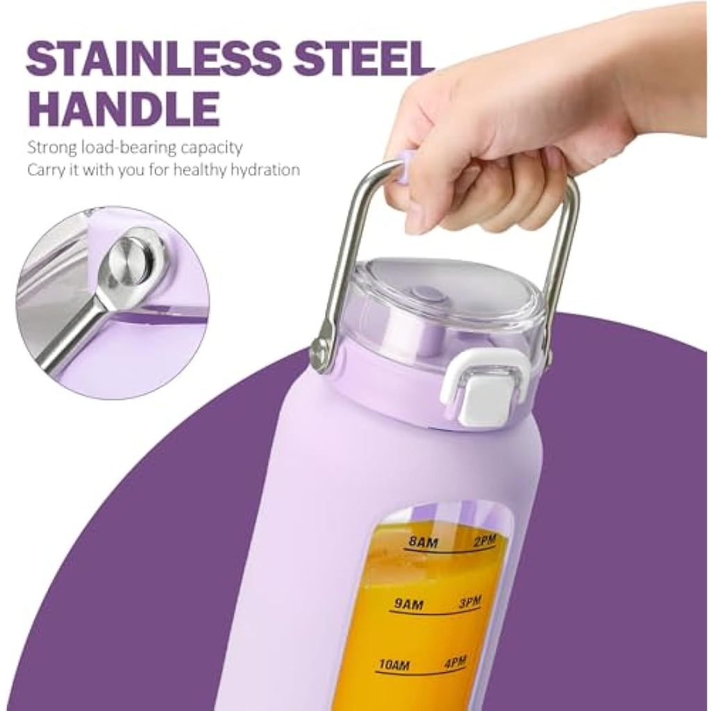 BLUEGO 2L Borosilicate Glass Water Bottle with Time Marker & Straw – Purple