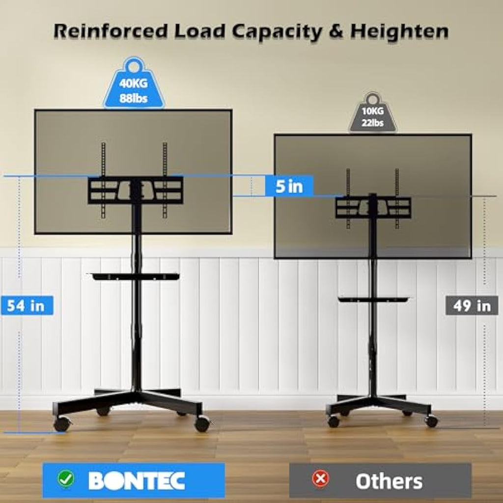 BONTEC Mobile TV Stand | Rolling TV Cart with Shelf for 23–60in TVs