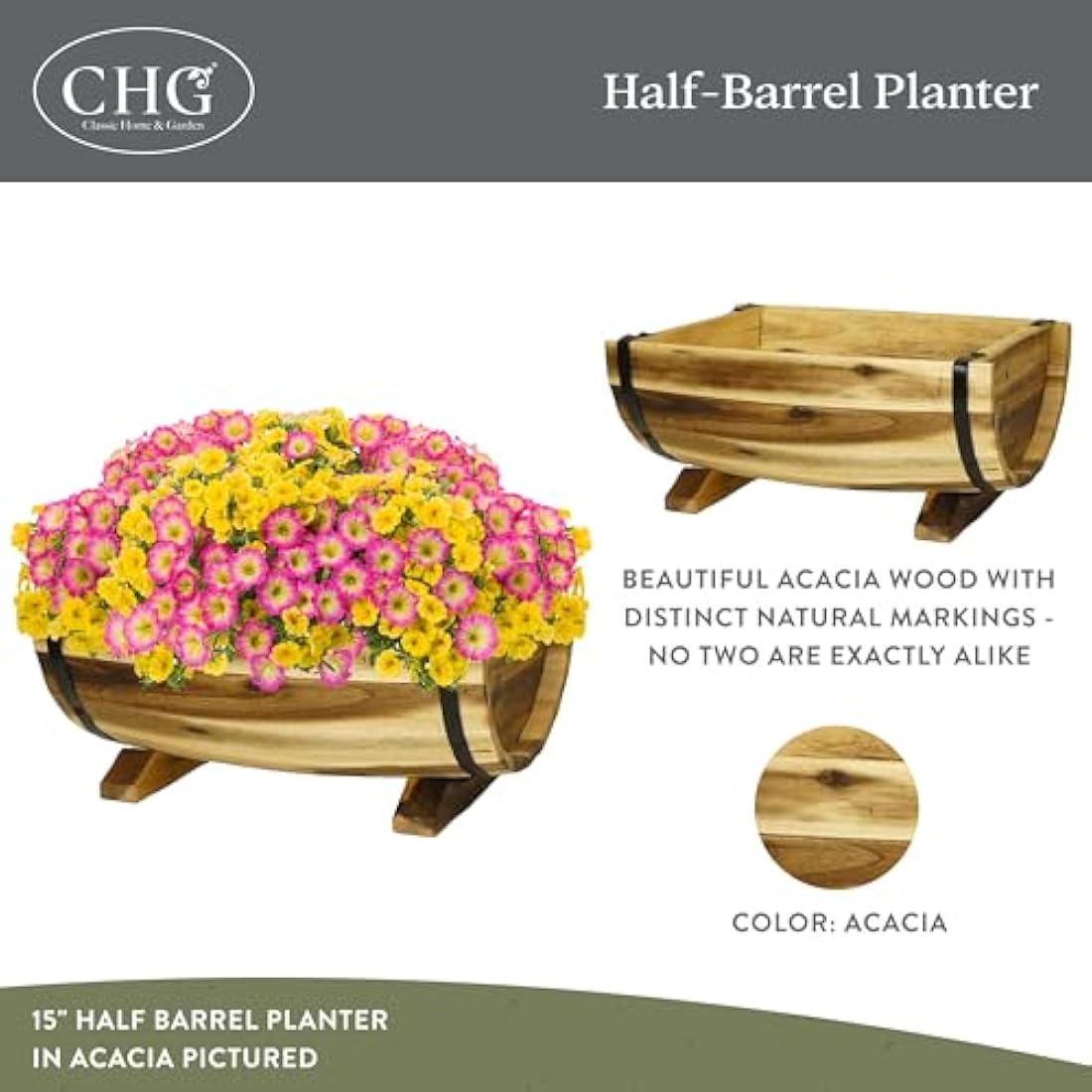 Acacia Wood Barrel Planters with Metal Bands – 2 Pack