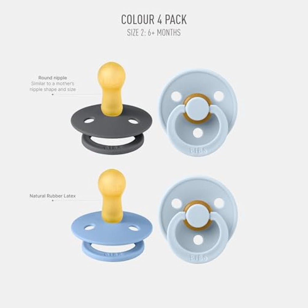 BIBS Colour Pacifiers 4-Pack | Natural Rubber Latex Soothers, 6-18 Months