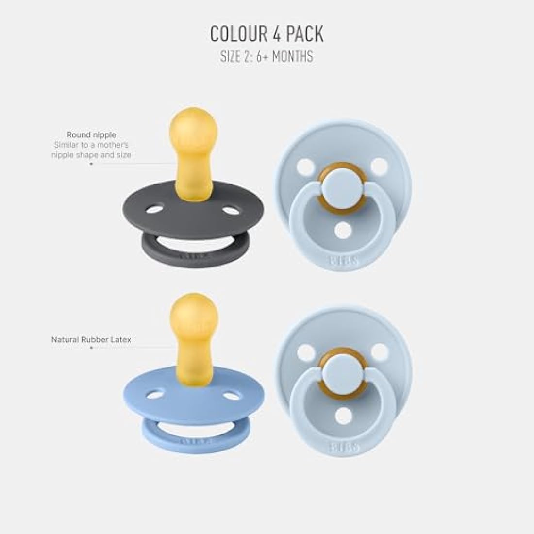 BIBS Colour Pacifiers 4-Pack | Natural Rubber Latex Soothers, 6-18 Months