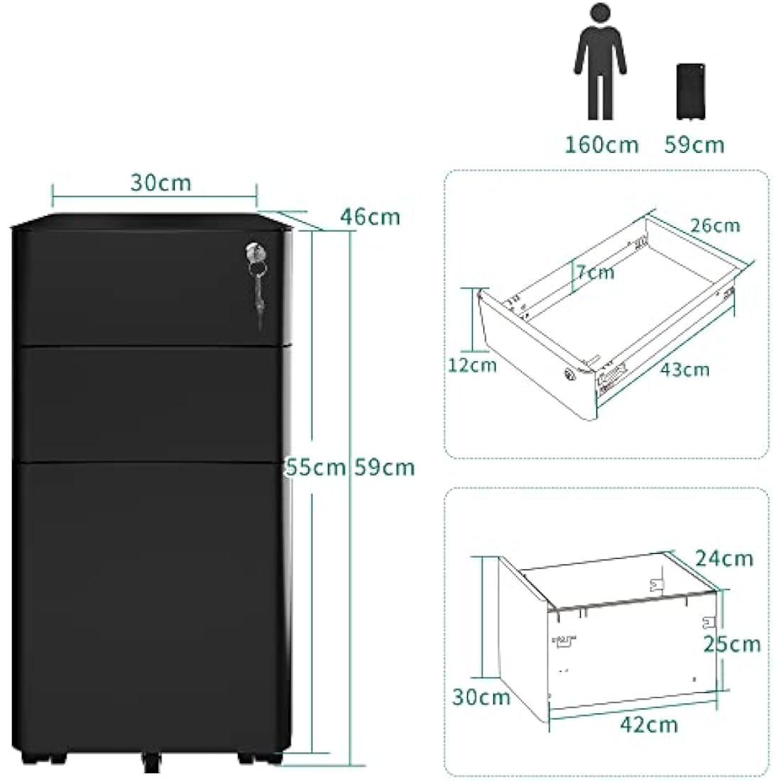 YITAHOME 3-Drawer Metal File Cabinet | Lockable Mobile Office Storage, Black