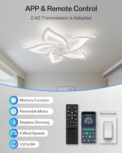 YUNLONG Flower Ceiling Fan with Light - Dimmable 6-Speed DC Motor
