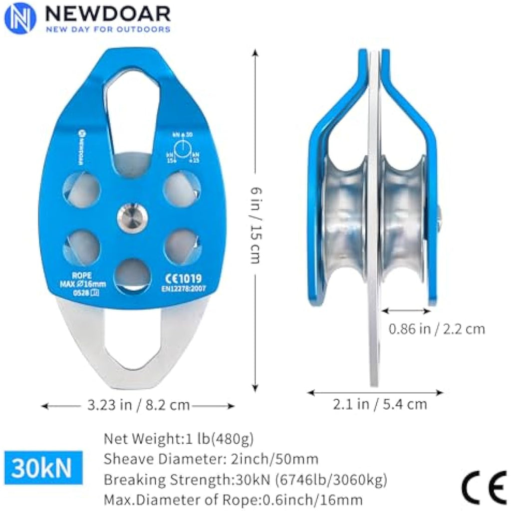 NewDoar 30KN Double Rescue Pulley | Aluminum Sheave for 16mm Rope