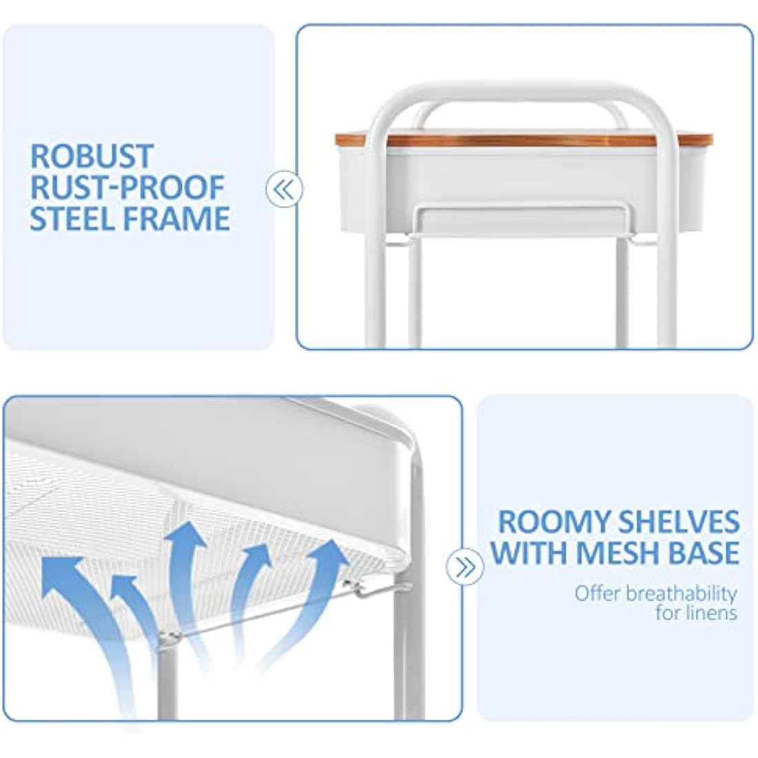 KINGRACK 3-Tier Metal Rolling Storage Trolley with Wooden Worktop