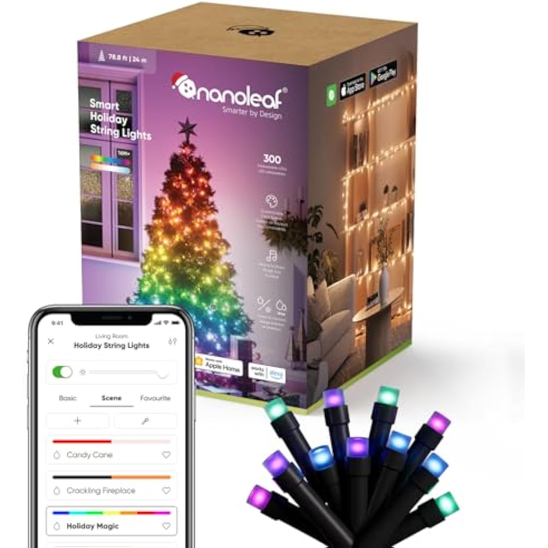 Nanoleaf Smart Holiday String Lights | 300 RGB LEDs, Music Sync & Matter