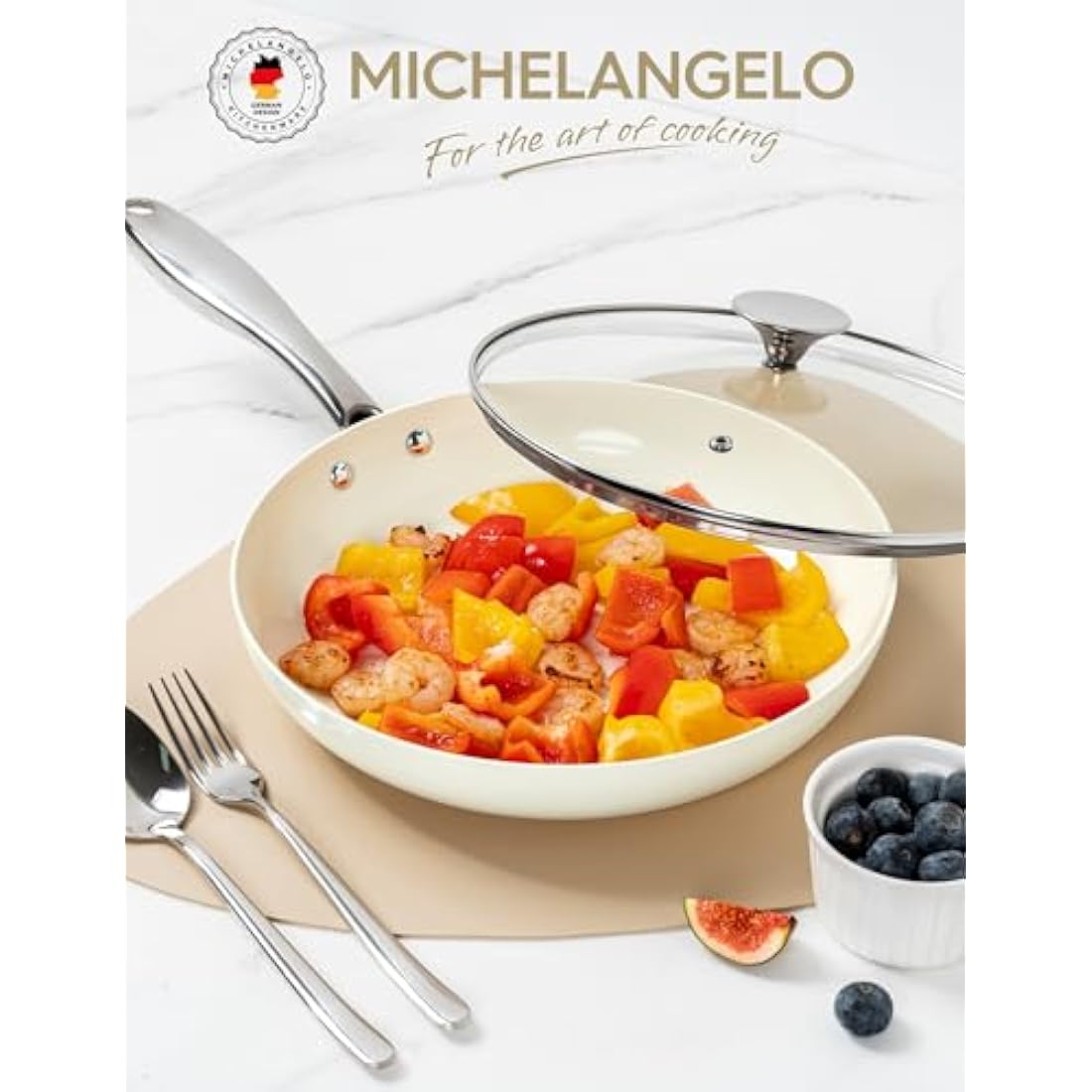 Michelangelo 20cm Ceramic Frying Pan with Lid | Non-Stick Cream White
