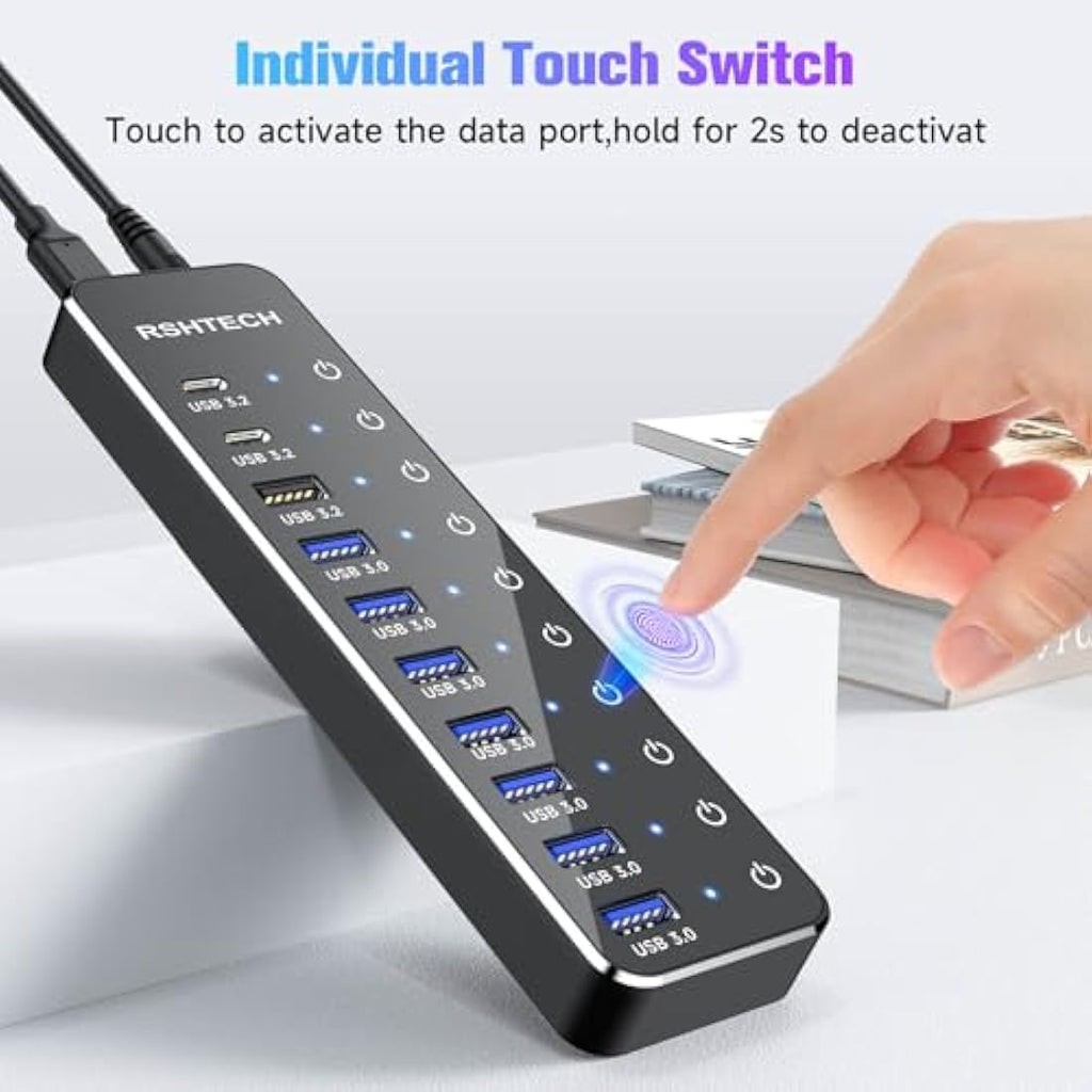 RSHTECH 10-Port Powered USB-C Hub – 10Gbps USB 3.2 Data Splitter with 60W Adapter