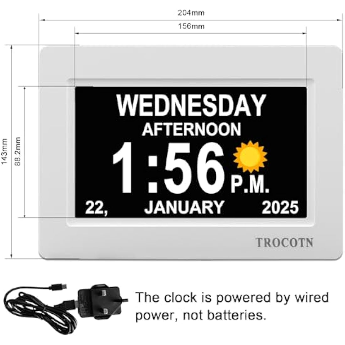 TROCOTN 7-Inch Digital Calendar Day Clock for Elderly – Large Display White