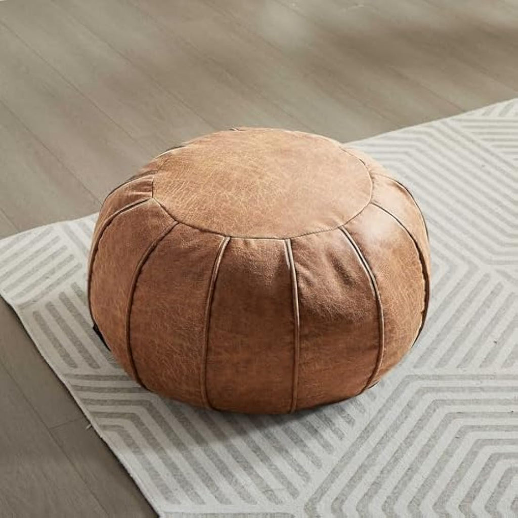 Louis Donné Round Faux Leather Pouf Ottoman Cover - Cognac Brown