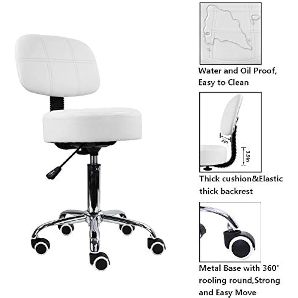 KKTONER Round Rolling Stool with Back - White PU Leather Swivel Chair