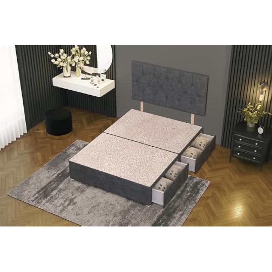 Charcoal Plush Fabric Divan Bed Base with Matching Headboard