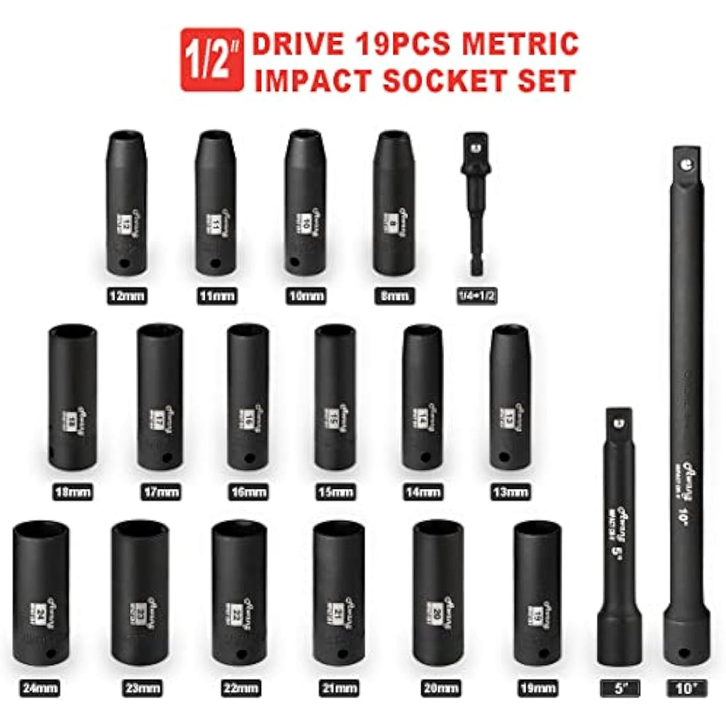 Awang 1/2-Inch Drive Master Deep Impact Socket Set, 19-Piece CR-V Metric