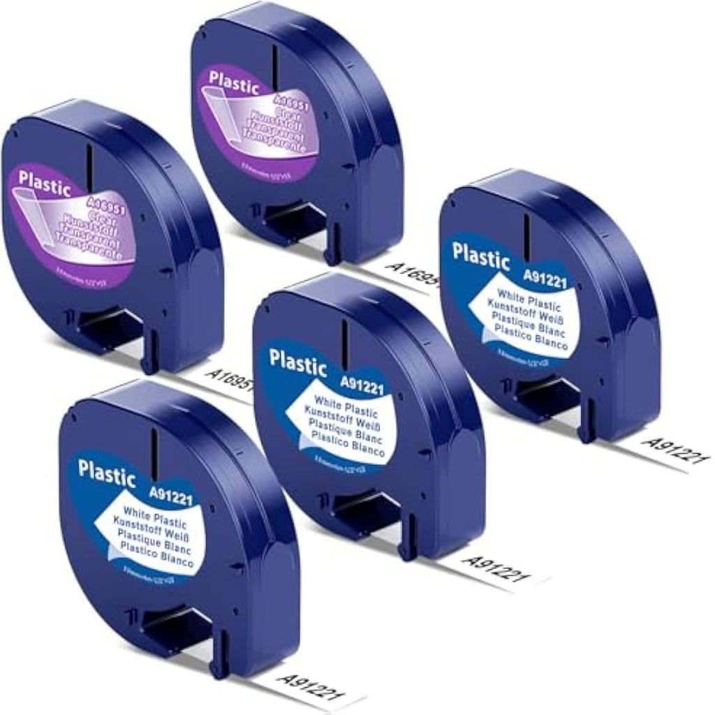 Wonfoucs 5-Pack Label Tape for Dymo LetraTag | 12mm x 4m Black on Clear/White