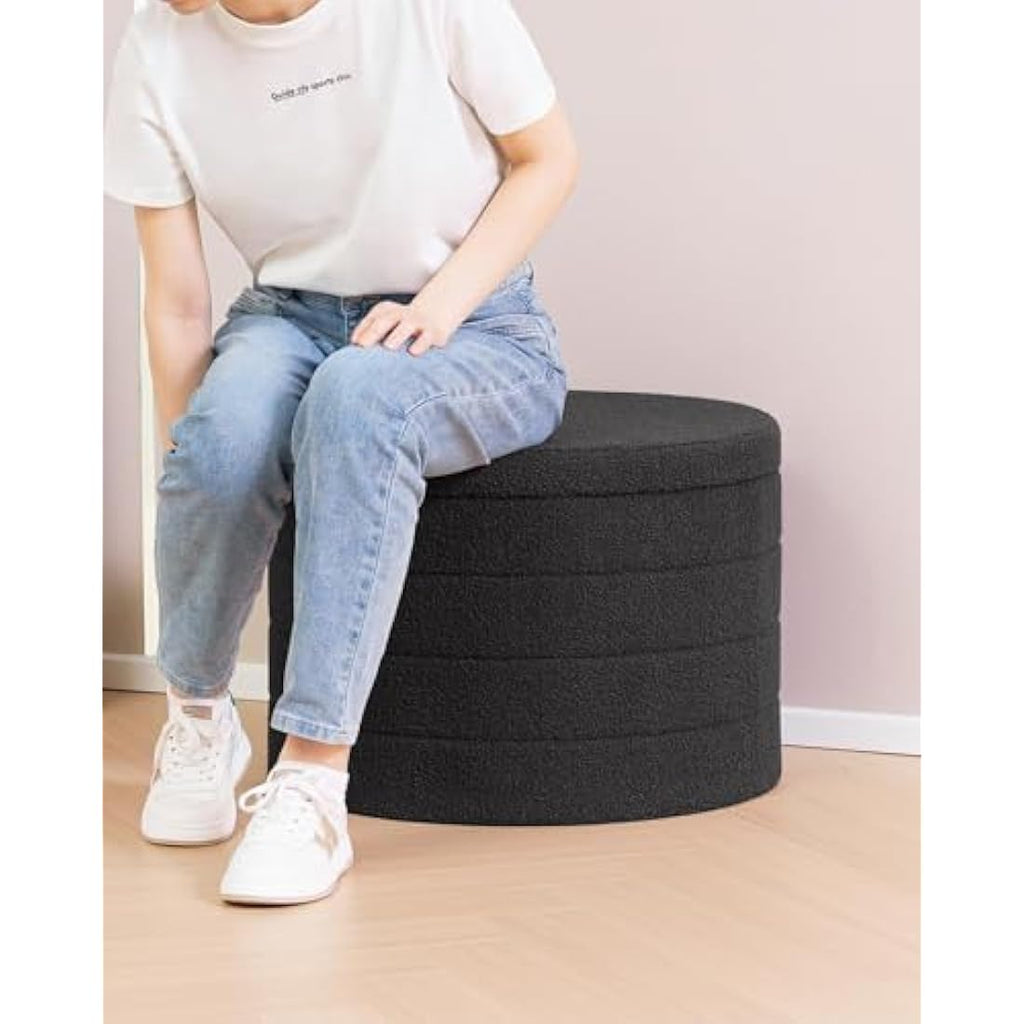 Round Storage Ottoman – Grey Boucle Teddy Fabric Footstool