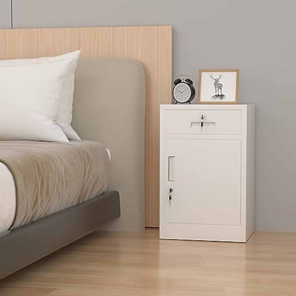Metal Storage Cabinet – Lockable Drawer & Adjustable Shelf, White
