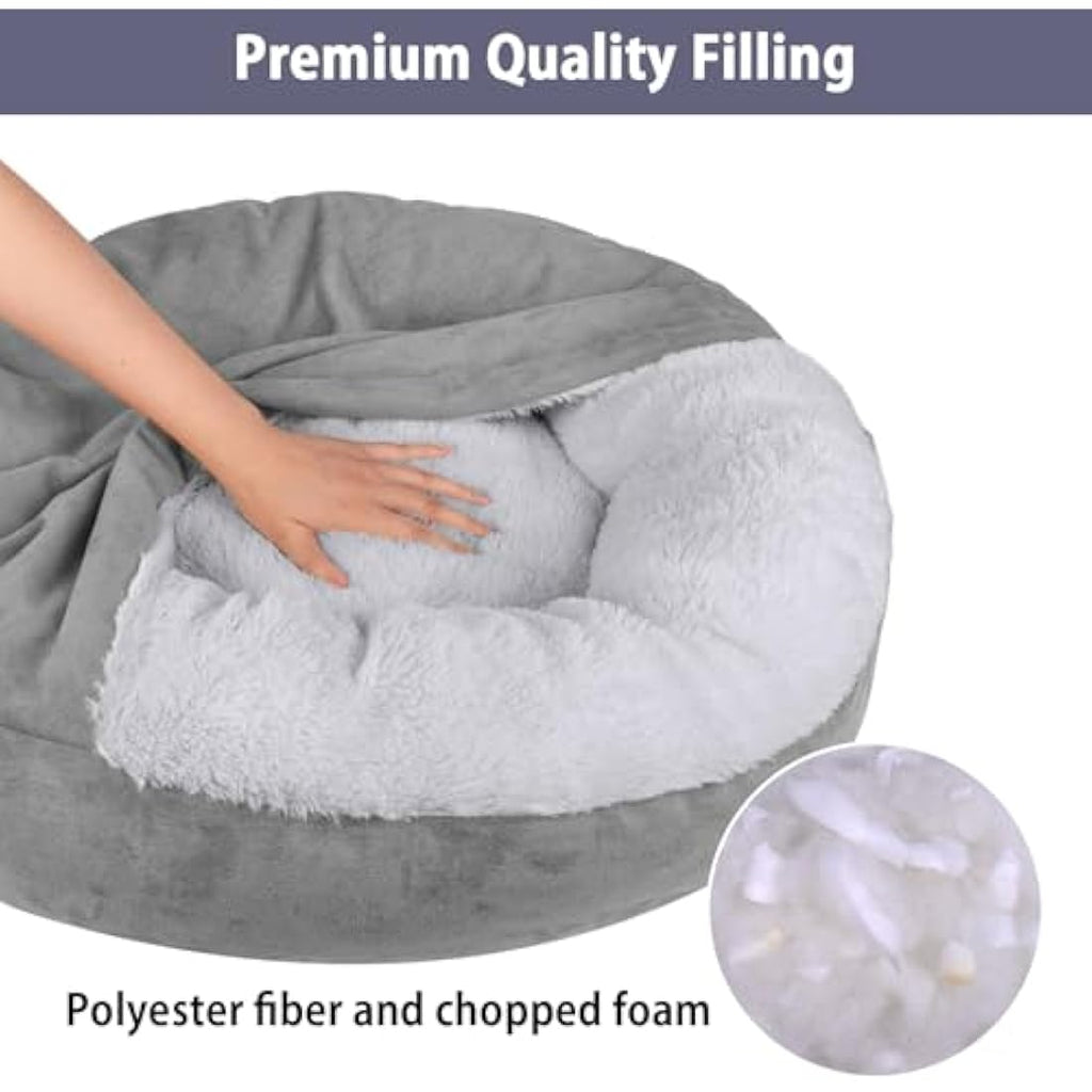 MICOOYO Hooded Donut Dog Bed – Large Grey Faux Fur Calming Pet Cave